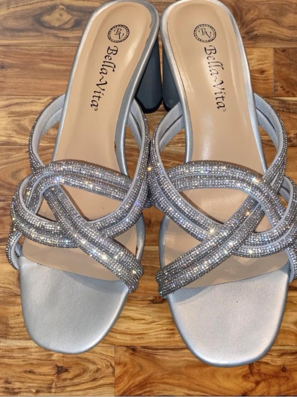 Bella Vita Silver Crystal Braided Mule Heels